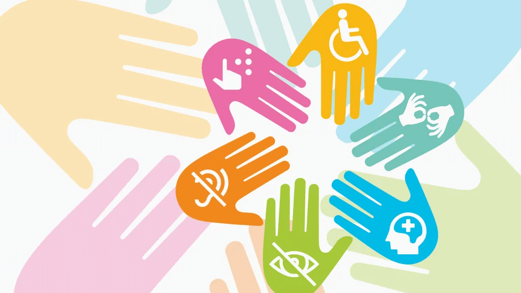 Picture of five colourful hands representing different types of disabilities as laid out in this article